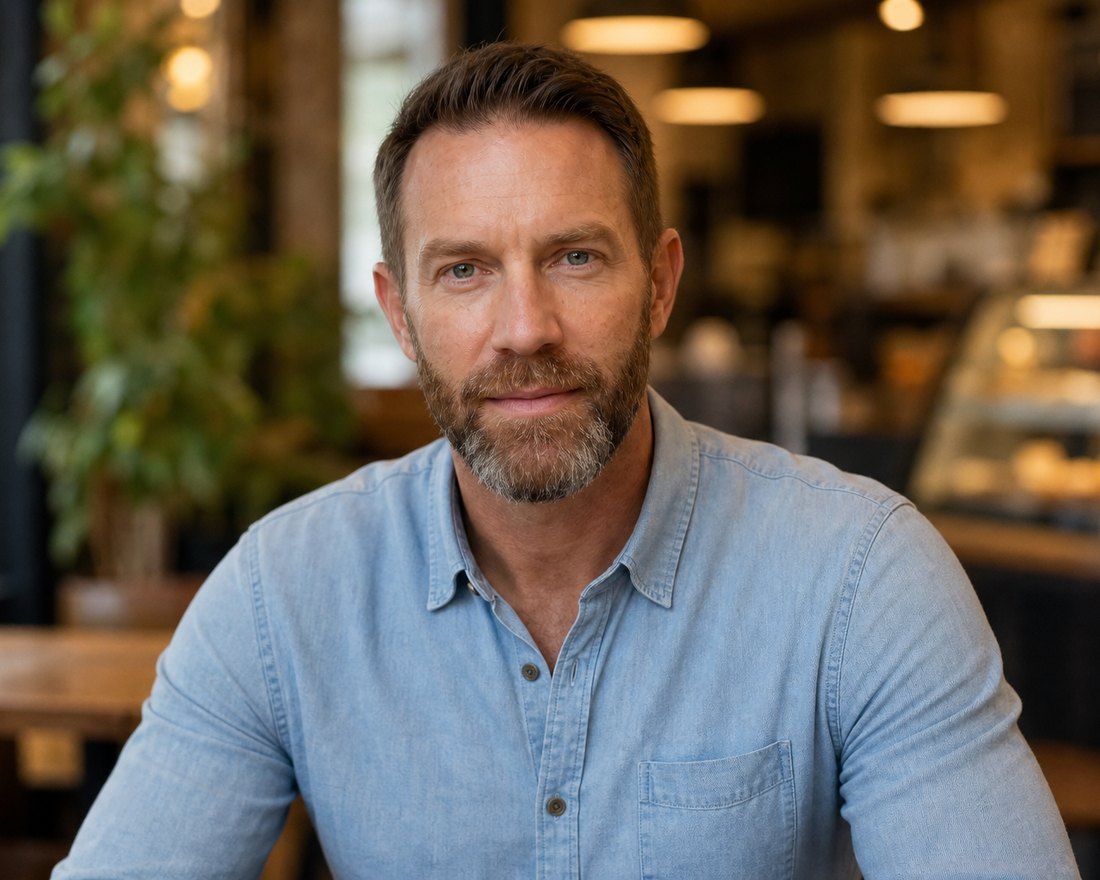 Tobias Brunner sitzt in einem Café